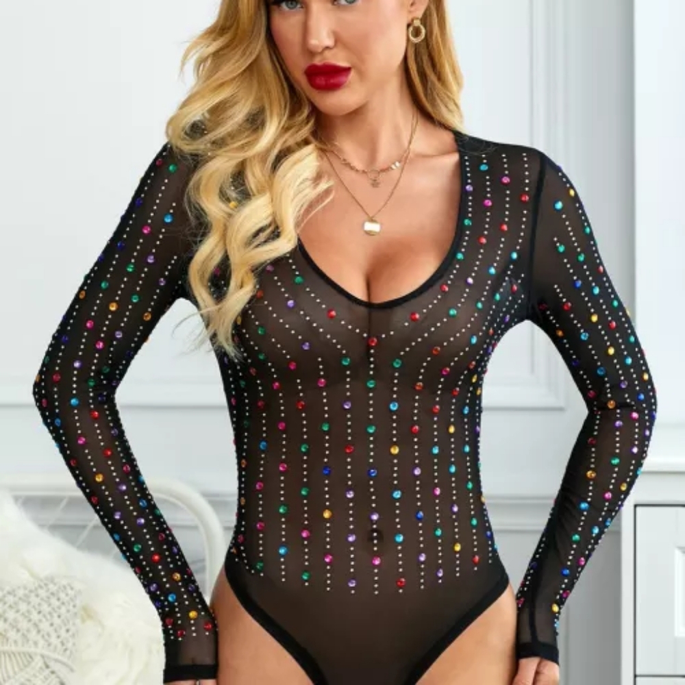 Exquisite Black Colorful Rhinestone Bodysuit - Picture 6 of 13